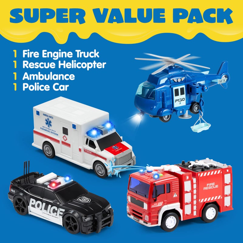 JOYIN 4 Packs Emergency Vehicle Toy Playsets, Friction Powered Vehicles with Light and Sound, Including Fire Truck, Ambulance, Play Police Car and Helicopter, Christmas Toddler Kids Boys Gifts - Image 2