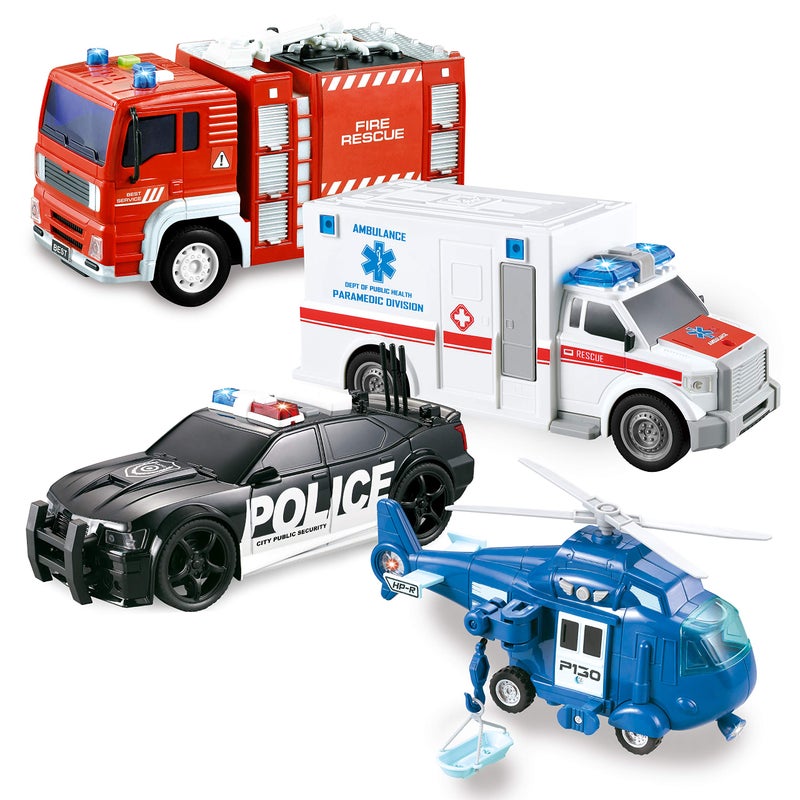 JOYIN 4 Packs Emergency Vehicle Toy Playsets, Friction Powered Vehicles with Light and Sound, Including Fire Truck, Ambulance, Play Police Car and Helicopter, Christmas Toddler Kids Boys Gifts - Image 1