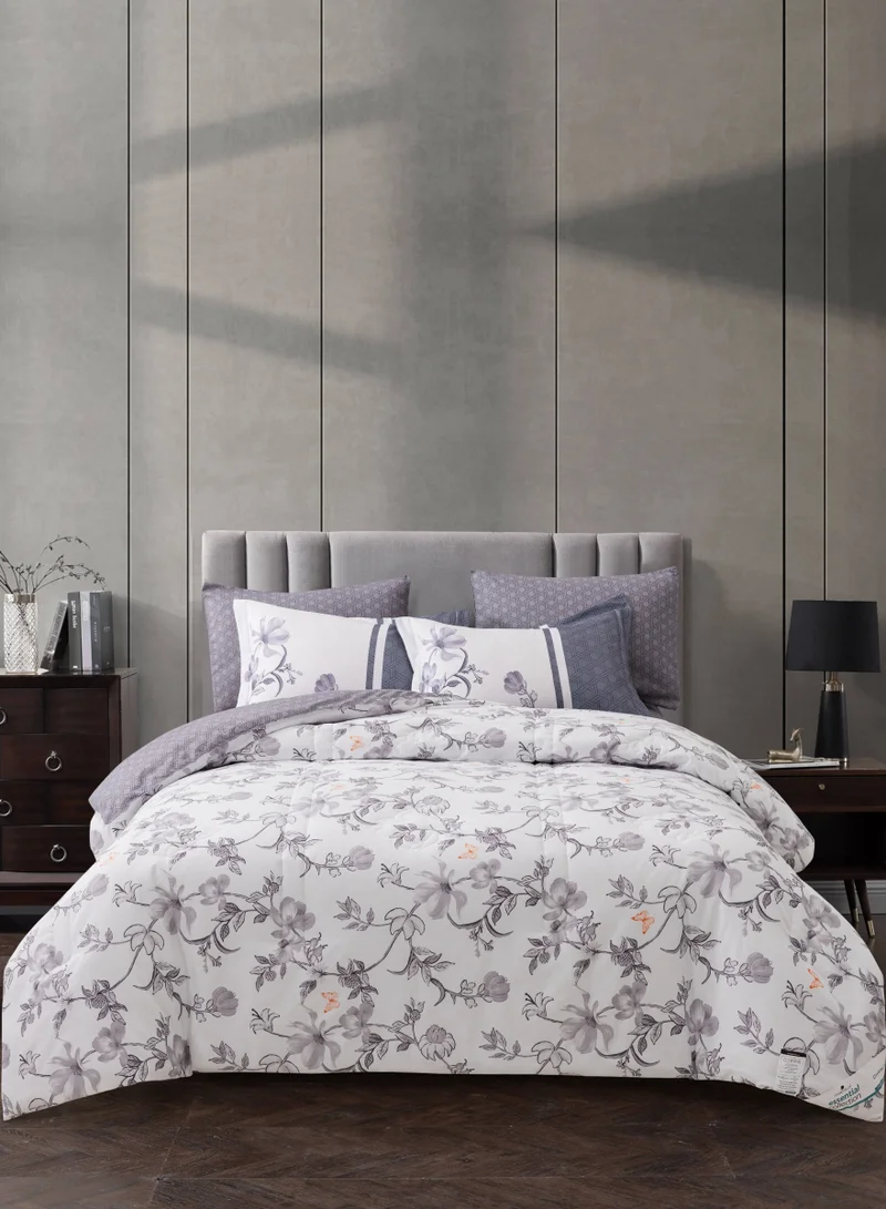 Donetella Printed Comforter Set 6-Pcs King Size All Season Decorated Reversible Double Bed Comforter Set Fits (200 X 200 Cm)With Super-Soft Down Alterntaive Filing,White