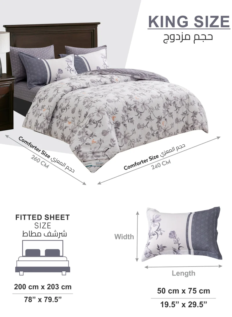 Donetella Printed Comforter Set 6-Pcs King Size All Season Decorated Reversible Double Bed Comforter Set Fits (200 X 200 Cm)With Super-Soft Down Alterntaive Filing,White