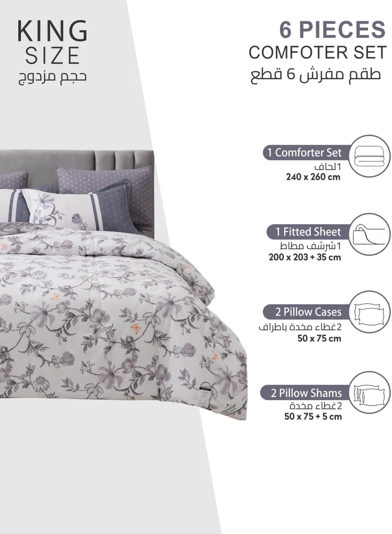 Donetella Printed Comforter Set 6-Pcs King Size All Season Decorated Reversible Double Bed Comforter Set Fits (200 X 200 Cm)With Super-Soft Down Alterntaive Filing,White