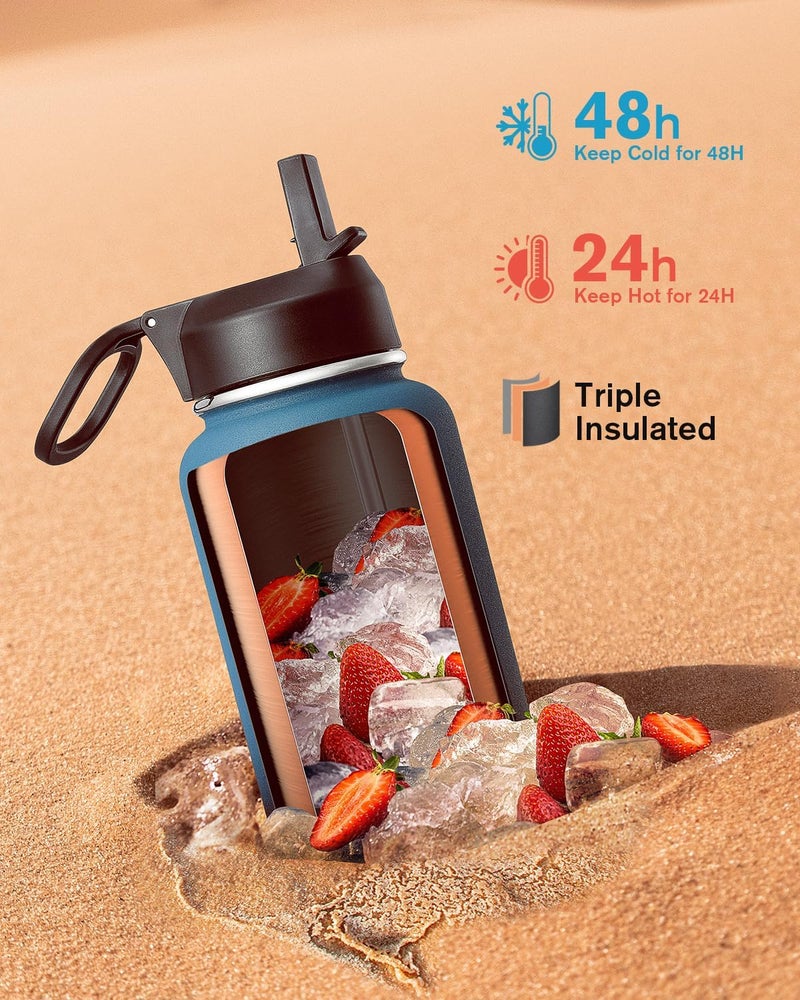 Coolflask Water Bottle 32 oz Insulated with Straw, Stainless Steel Metal 3 Lids Water Flask Wide Mouth for Sports or Office, BPA-Free Keep Cold Up to 48 Hrs or Hot Up to 24 Hrs, Samurai Cyan - Image 2