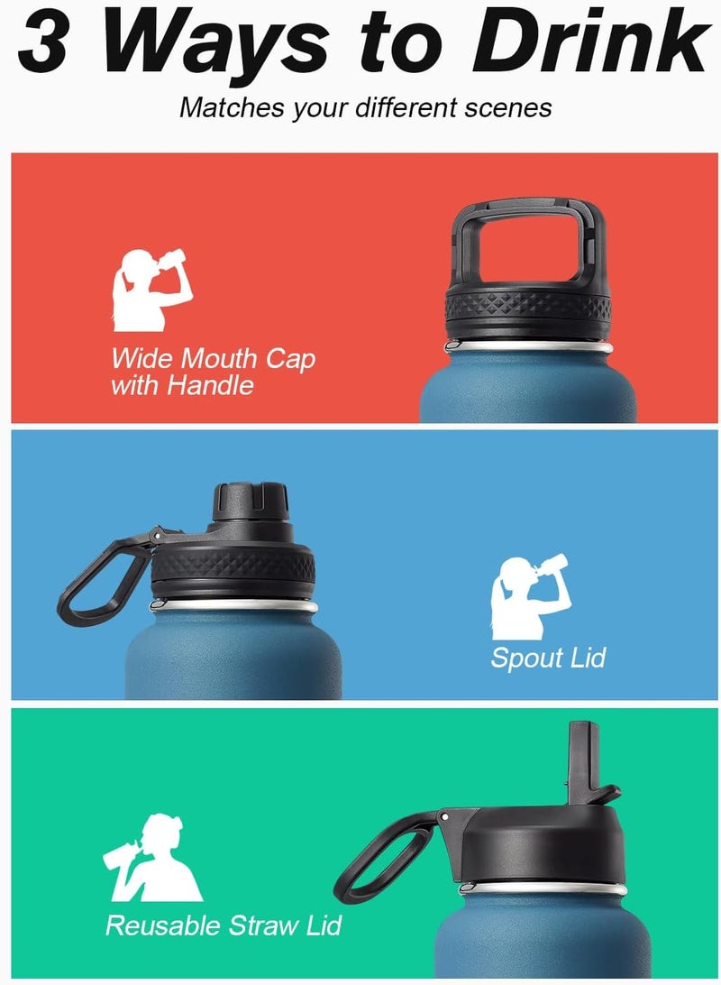 Coolflask Water Bottle 32 oz Insulated with Straw, Stainless Steel Metal 3 Lids Water Flask Wide Mouth for Sports or Office, BPA-Free Keep Cold Up to 48 Hrs or Hot Up to 24 Hrs, Samurai Cyan - Image 5