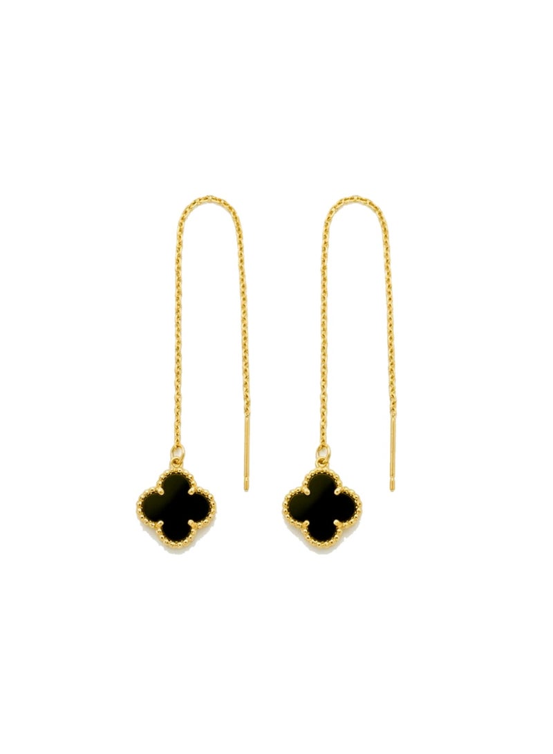 Julia Store 18K Gold Plated Stainless Steel Aesthetic Exquisite Luxury Elegant Dainty Cute Trendy High-End Hypoallergic Four Leaves Love Lucky Flower Pull Through Threader Earrings Jewelry Gift For Women Black - Image 1