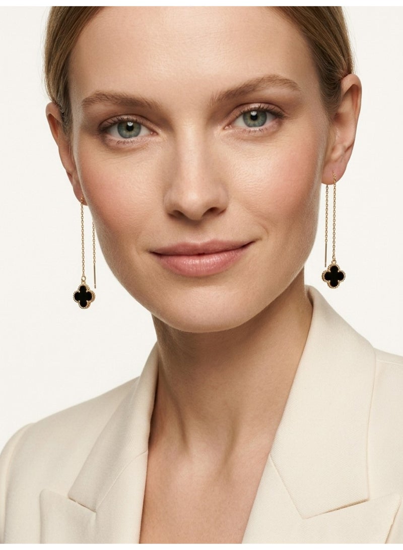 Julia Store 18K Gold Plated Stainless Steel Aesthetic Exquisite Luxury Elegant Dainty Cute Trendy High-End Hypoallergic Four Leaves Love Lucky Flower Pull Through Threader Earrings Jewelry Gift For Women Black - Image 5