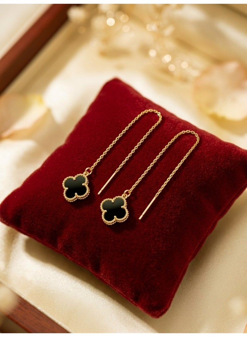 Julia Store 18K Gold Plated Stainless Steel Aesthetic Exquisite Luxury Elegant Dainty Cute Trendy High-End Hypoallergic Four Leaves Love Lucky Flower Pull Through Threader Earrings Jewelry Gift For Women Black - Image 2