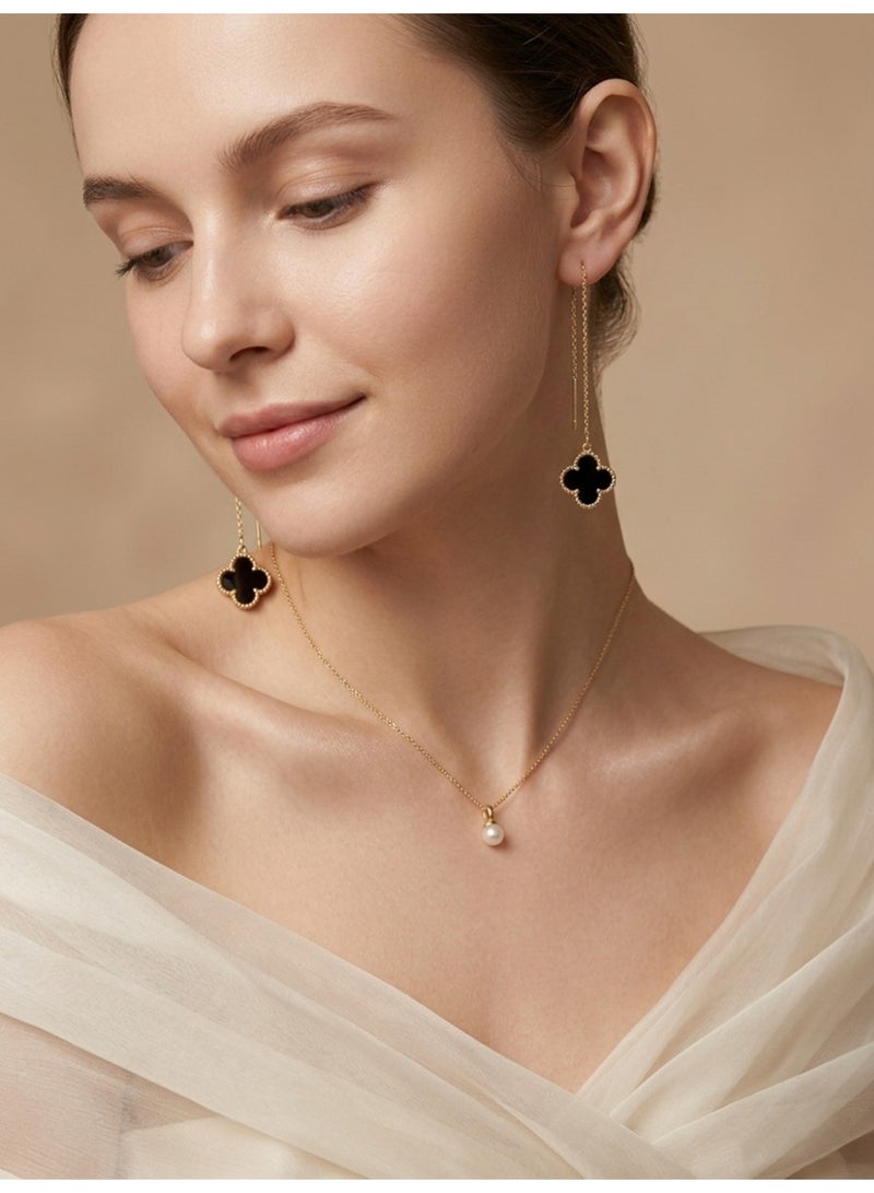 Julia Store 18K Gold Plated Stainless Steel Aesthetic Exquisite Luxury Elegant Dainty Cute Trendy High-End Hypoallergic Four Leaves Love Lucky Flower Pull Through Threader Earrings Jewelry Gift For Women Black - Image 3
