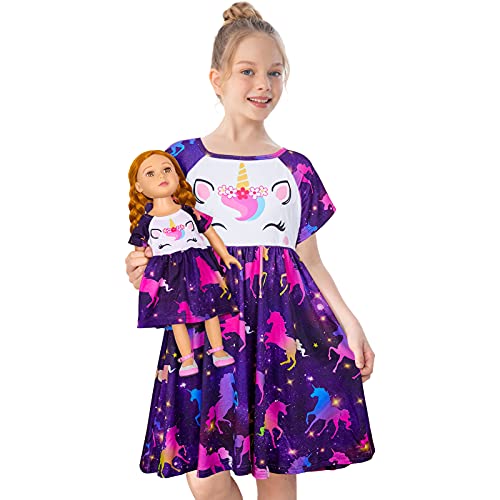 Play Tailor Doll and Girl Matching Nightgown Unicorn Outfit Pajamas Night Dress for Girls and 18" Dolls Clothes (Doll Not Included), 8-9 Years, Fancy Purple - Image 1