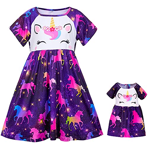 Play Tailor Doll and Girl Matching Nightgown Unicorn Outfit Pajamas Night Dress for Girls and 18" Dolls Clothes (Doll Not Included), 8-9 Years, Fancy Purple - Image 2