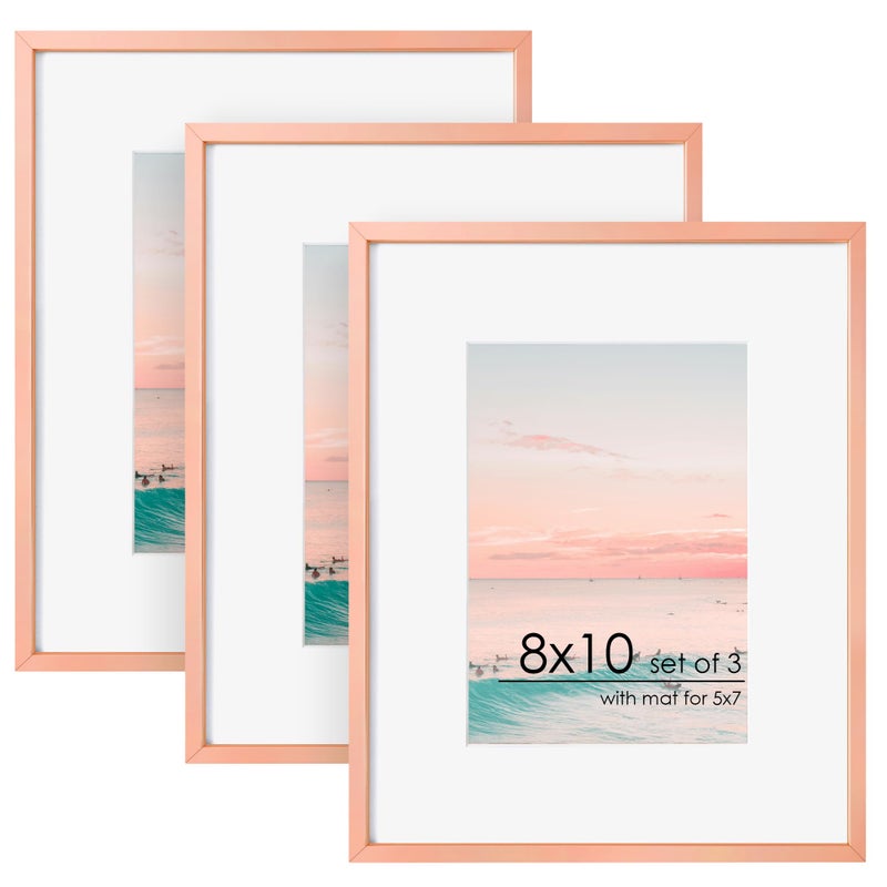 FLYJOE 8x10 Picture Frame | 8x10 Metal Picture Frame With Mat | 8 x 10 Aluminum Photo Frame | Plexiglass And Hanging Hardware Included | 8 10 Picture Frame | Set of 3  Rose Gold - Image 1