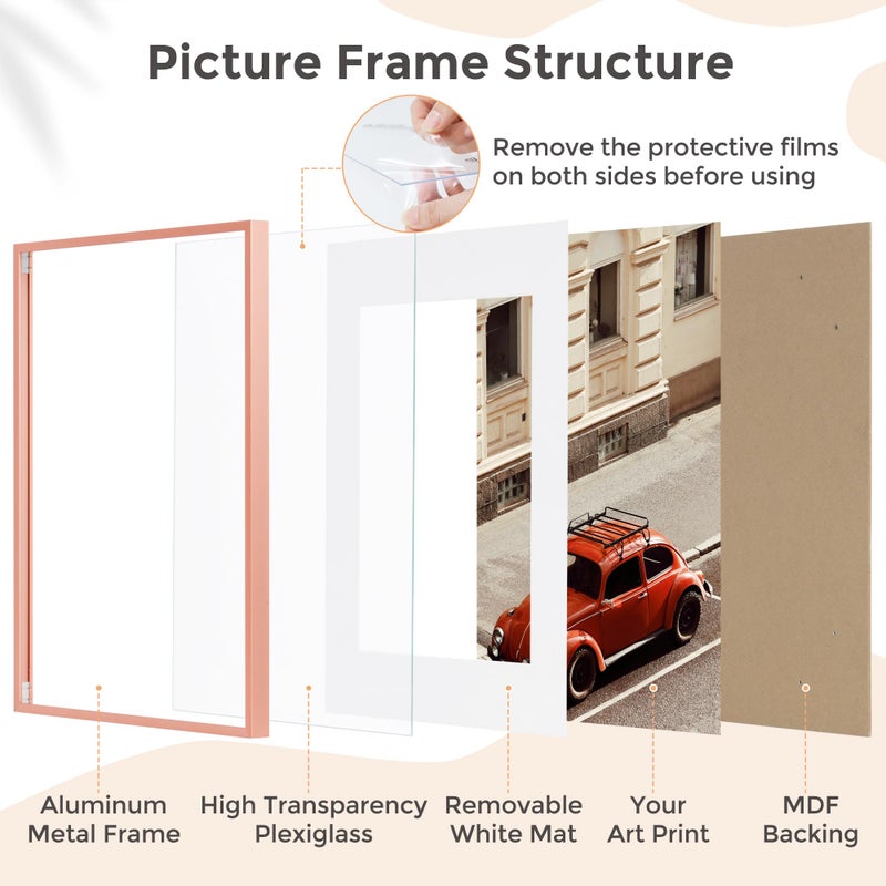 FLYJOE 8x10 Picture Frame | 8x10 Metal Picture Frame With Mat | 8 x 10 Aluminum Photo Frame | Plexiglass And Hanging Hardware Included | 8 10 Picture Frame | Set of 3  Rose Gold - Image 4