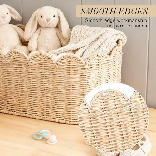 saiguomi Hand-Natural Rattan Baskets Set of 2, Scalloped Basket 16x10x7 & 14x8x6 Inch -Woven Rattan Storage Basket With Scalloped Edge for Blankets, Magazines, Boho Farmhouse Bedroom Decor - Image 5