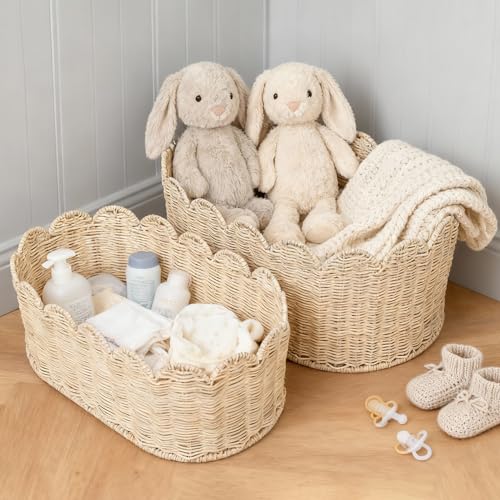 saiguomi Hand-Natural Rattan Baskets Set of 2, Scalloped Basket 16x10x7 & 14x8x6 Inch -Woven Rattan Storage Basket With Scalloped Edge for Blankets, Magazines, Boho Farmhouse Bedroom Decor - Image 1