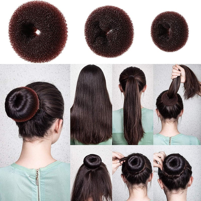 SWIUKPHE 23 Pcs Hair Bun Shaper Set, 3 Donuts 2 Markers 4 Ponytail Tools 10 Bobby Pins 2 Elastic Bands, Brown Hair Bun Maker Kit for Women Kids - Image 3