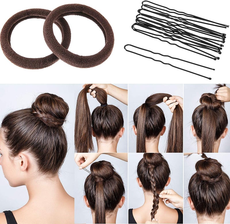 SWIUKPHE 23 Pcs Hair Bun Shaper Set, 3 Donuts 2 Markers 4 Ponytail Tools 10 Bobby Pins 2 Elastic Bands, Brown Hair Bun Maker Kit for Women Kids - Image 4