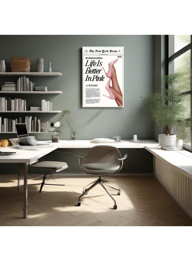 لوحة فنية جدارية عصرية بتصميم جريدة "Life Is Better In Pink" مقاس 30 × 40 سم، ملصق قماشي - Image 4