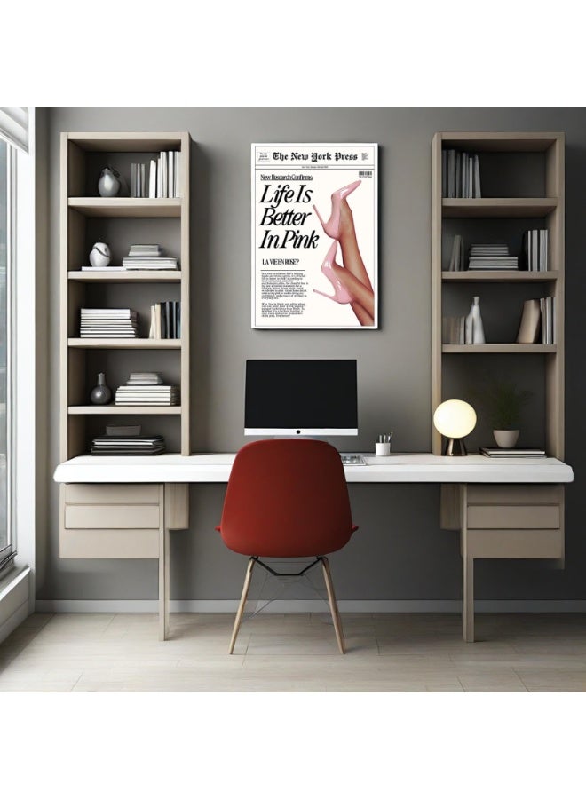 لوحة فنية جدارية عصرية بتصميم جريدة "Life Is Better In Pink" مقاس 30 × 40 سم، ملصق قماشي - Image 3