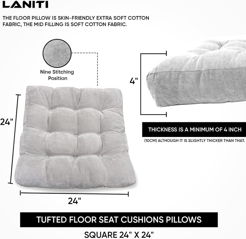 LANITI 24” Inch Extra Large Floor Cushions Tufted Floor Pillow for Adults Square Meditation Ultimate Comfort Oversized Pillows for Floor Cushion (Grey) - Image 4