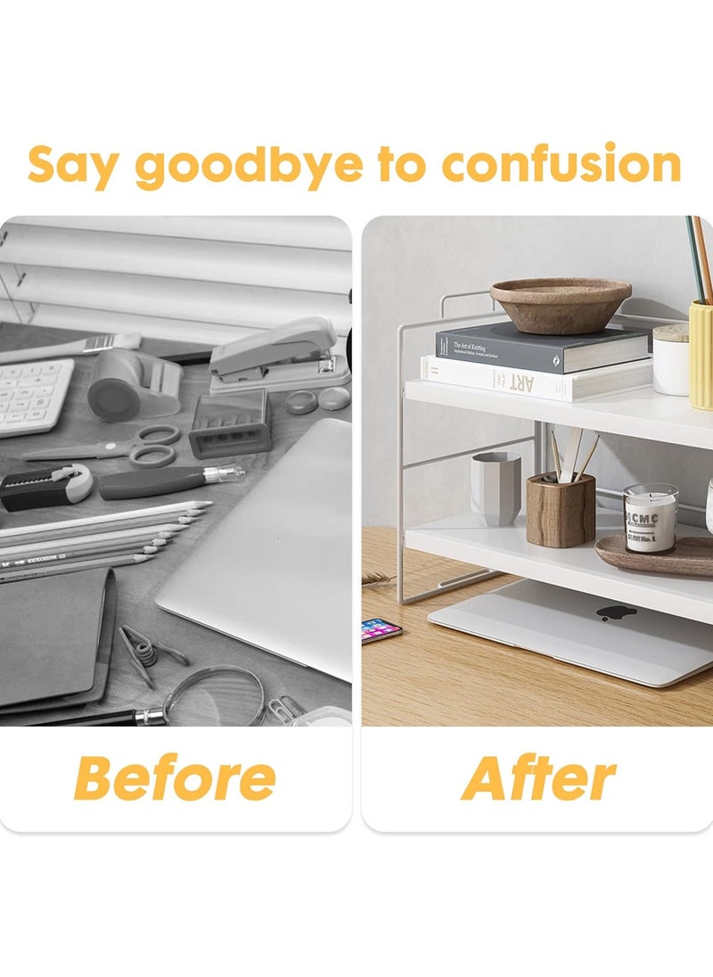 Desktop Shelf Organizer Small Wood Countertop Bookshelf Adjustable Desktop Organizer Office Desk Storage Tabletop Display Shelf for Home Office Kids Dorm (3 Layers - White)