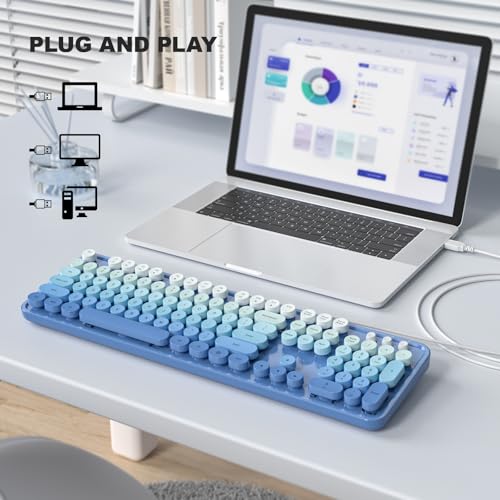 MOWUX Computer Keyboard Wired, Plug and Play USB Retro Round Typewriter Keyboard, Full Size Wired Keyboard with Foldable Stands for Laptop and Office PC- Black Purple Gradient - Image 2