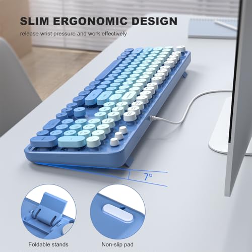MOWUX Computer Keyboard Wired, Plug and Play USB Retro Round Typewriter Keyboard, Full Size Wired Keyboard with Foldable Stands for Laptop and Office PC- Black Purple Gradient - Image 4