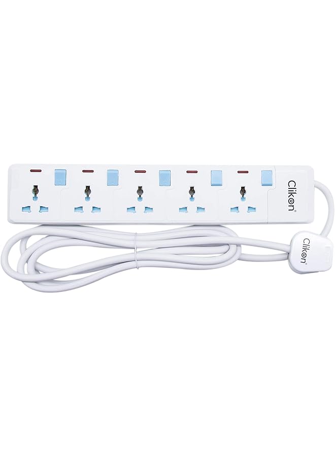 Clikon - 5 Way Extension Socket, 3 Meter Cable Length, White with Blue Switches - CK2173 - Image 1