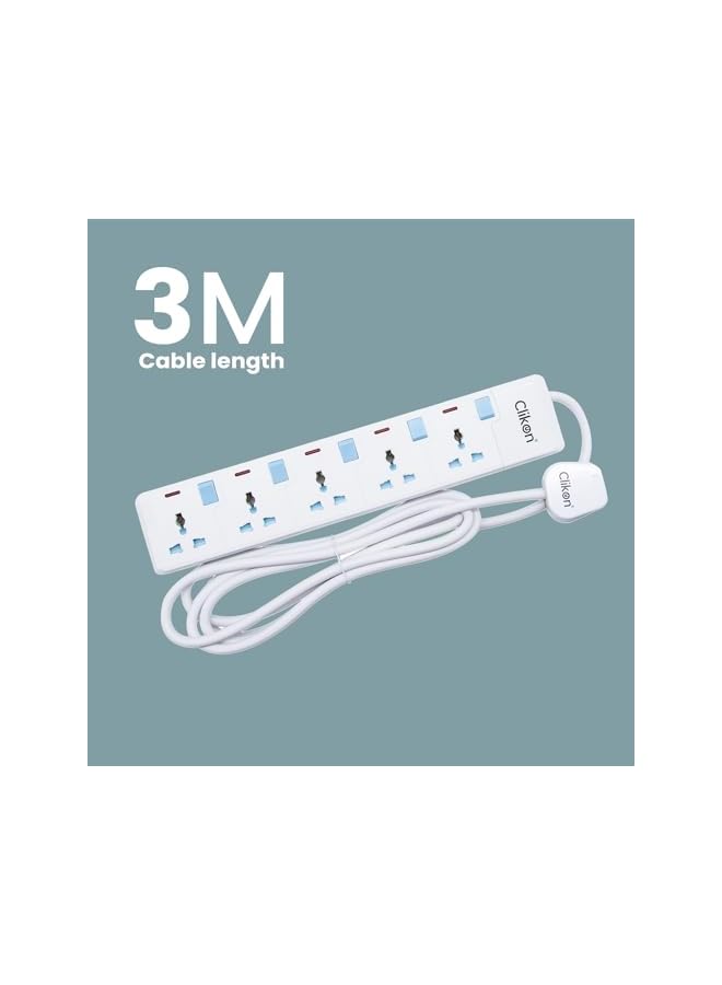 Clikon - 5 Way Extension Socket, 3 Meter Cable Length, White with Blue Switches - CK2173 - Image 4