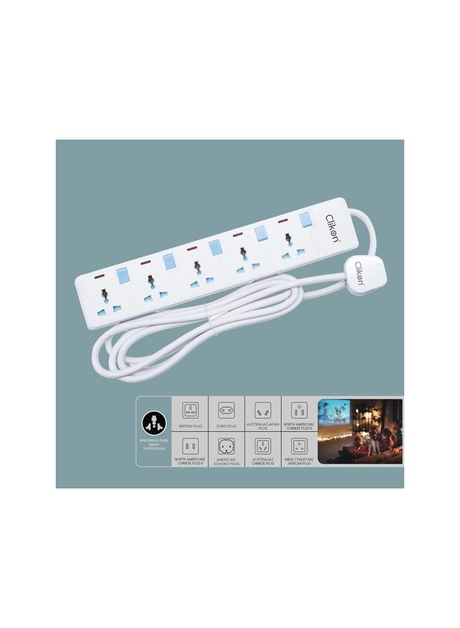 Clikon - 5 Way Extension Socket, 3 Meter Cable Length, White with Blue Switches - CK2173 - Image 5
