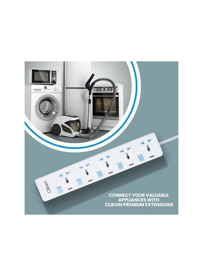 Clikon - 5 Way Extension Socket, 3 Meter Cable Length, White with Blue Switches - CK2173 - Image 3