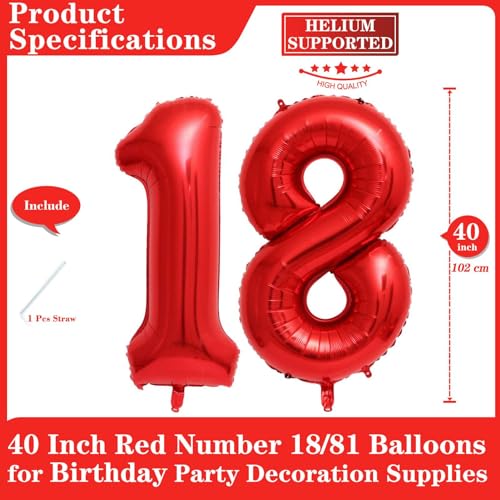 Lovoir Red 18 Number Balloons 40 Inch Giant Number 18 Balloons Foil Mylar Helium Red Number Balloons for 18th Birthday Party Supplies Anniversary Event Celebration Decorations - Image 5