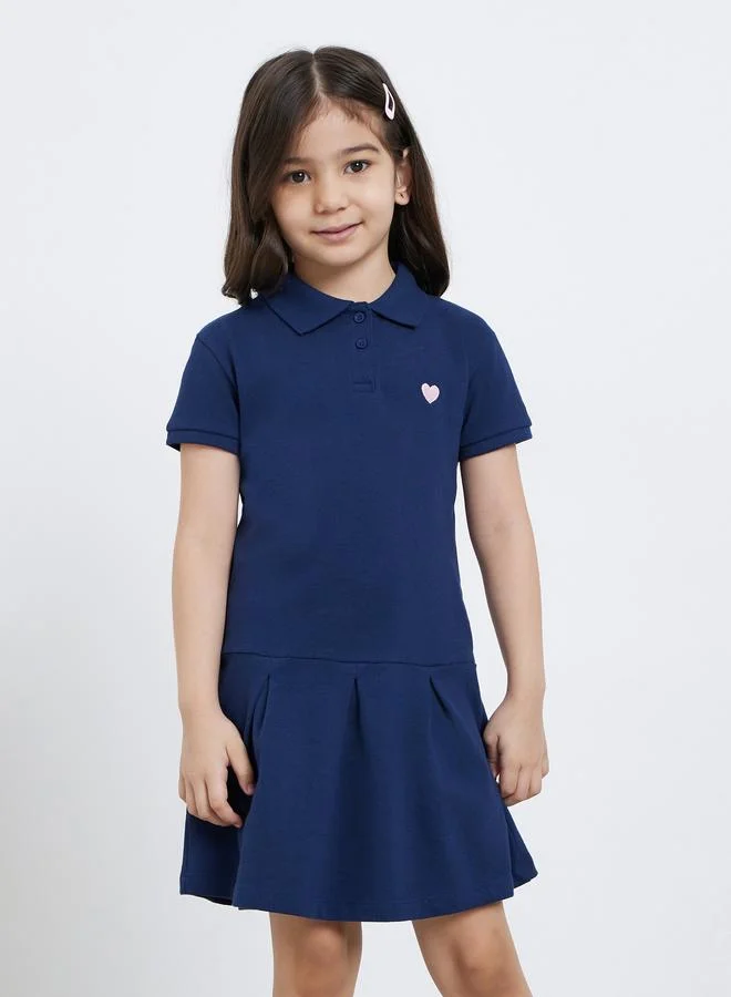 Styli Styli Girls Navy Blue Heart Embroidered Detail Polo Dress
