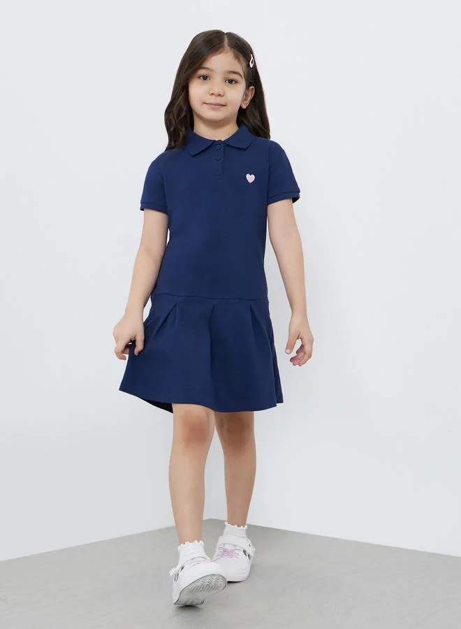Styli Styli Girls Navy Blue Heart Embroidered Detail Polo Dress