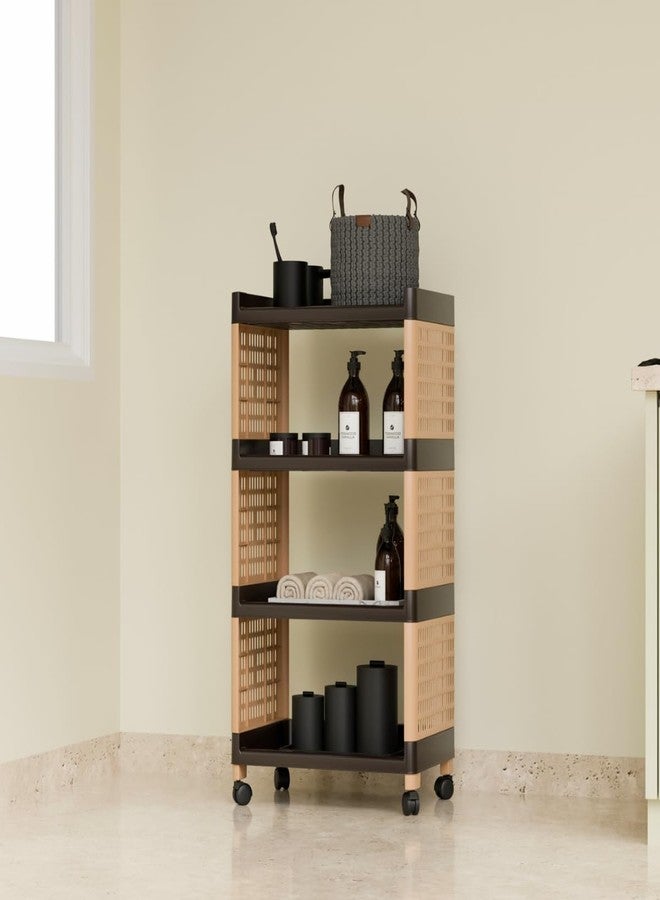 Morbrix 4 Tier Plastic Multipurpose Storage Organizer Shelves, Kitchen Storage Trolley Rack with Wheels, Rolling Utility Cart, Storage Organizer Rack Shelf for Kitchen, Home, Office (Brown & Ivory) - Image 1