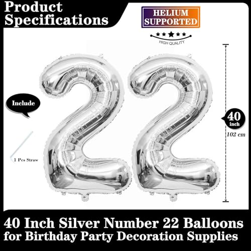 Lovoir Silver 22 Number Balloons 40 Inch Giant Number 22 Balloons Foil Mylar Helium Silver Number Balloons for 22th Birthday Party Supplies Anniversary Event Celebration Decorations - Image 5