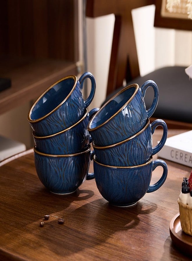 Coffeezone مجموعة كوفي زون من 6 أكواب لاتيه كابتشينو بتصميم كلاسيكي، سعة 12 أونصة، مصنوعة من السيراميك الاحترافي (لون أزرق مموج). - Image 4