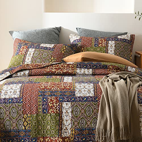 ENASAL Cotton Bedspread Quilt Bedding Sets Reversible Coverlet Comforters Brown Bohemian Patchwork Pattern BedspreadQueen Size - Image 3