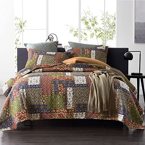 ENASAL Cotton Bedspread Quilt Bedding Sets Reversible Coverlet Comforters Brown Bohemian Patchwork Pattern BedspreadQueen Size - Image 1