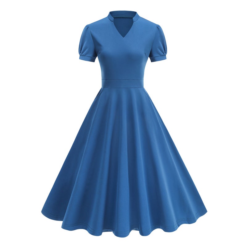 Women's Solid V-Neck Vintage Pocket Dress - Image 3