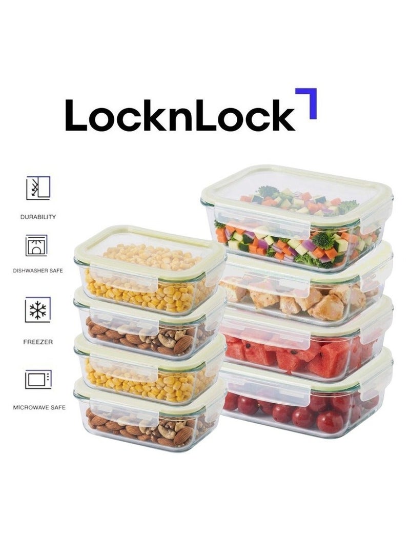 LocknLock طقم حاويات زجاجية مستطيلة آمنة للفرن من لوكن لوك - 8 قطع - محكمة الإغلاق، مقاومة للتسرب ومقاومة للحرارة - Image 1