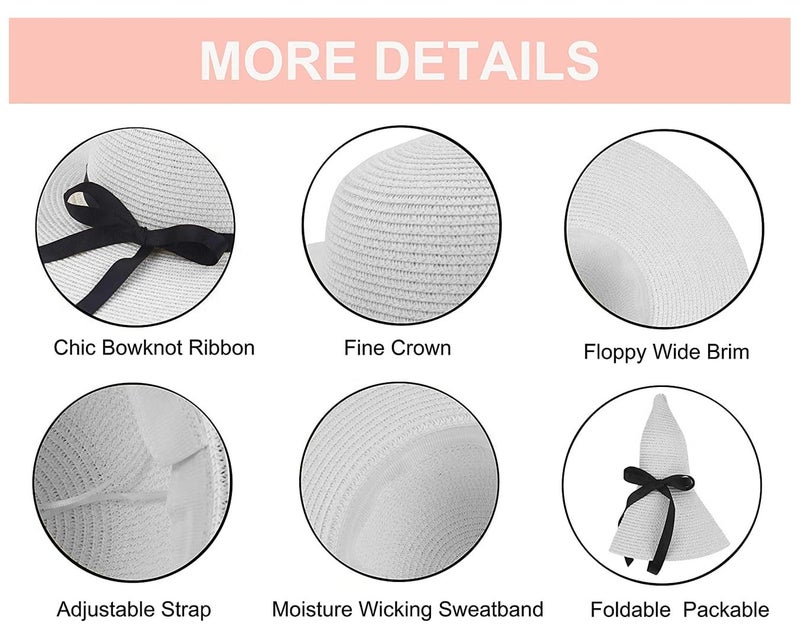CLOTHERA Summer Brim Floppy Straw Beach Hats for Women (White with Black Ribbon) - Image 5