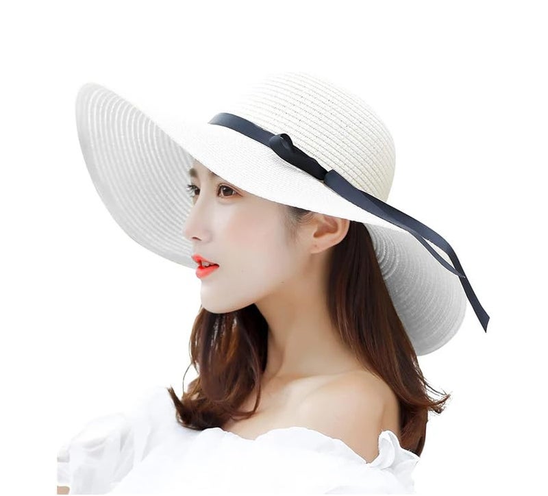 CLOTHERA Summer Brim Floppy Straw Beach Hats for Women (White with Black Ribbon) - Image 1