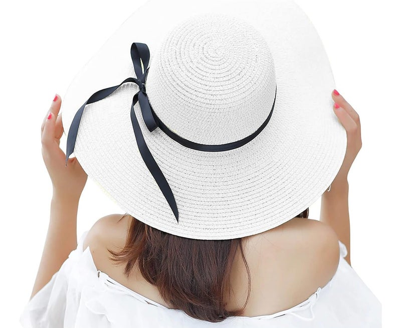 CLOTHERA Summer Brim Floppy Straw Beach Hats for Women (White with Black Ribbon) - Image 2