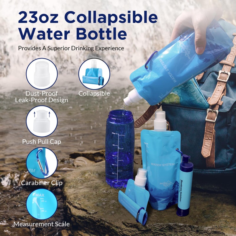 Membrane Solutions Squeezable Water Filtration System, Survival Water Purifier Kit, Portable Backpacking Gear Including Water Filter Straw and 23oz Collapsible Bottle for Hiking Camping Travel(1+2) - Image 5