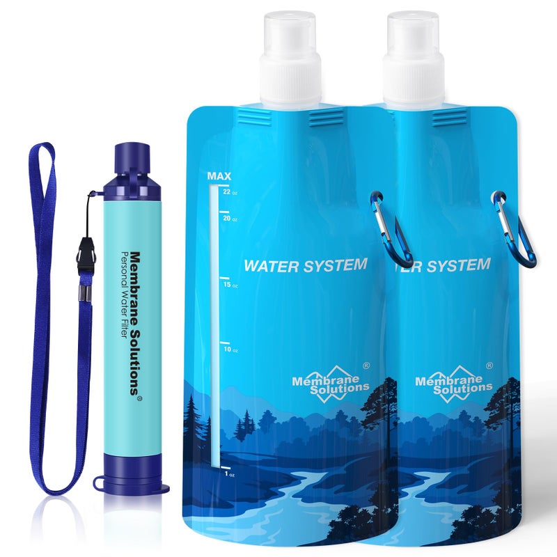 Membrane Solutions Squeezable Water Filtration System, Survival Water Purifier Kit, Portable Backpacking Gear Including Water Filter Straw and 23oz Collapsible Bottle for Hiking Camping Travel(1+2) - Image 1
