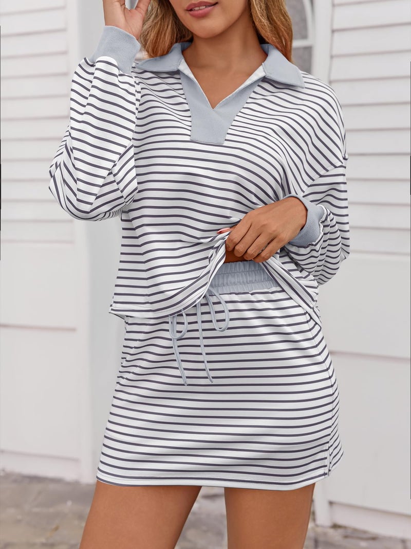 Fisoew Womens Striped 2 Piece Outfits Casual Sweatshirt Skirt Set Long Sleeve Skort Workout Set Matching Lounge Sets Grey - Image 3