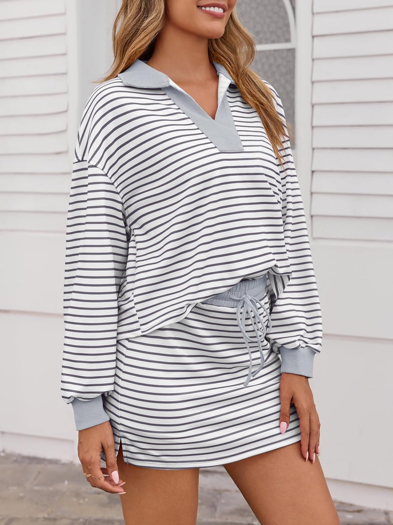 Fisoew Womens Striped 2 Piece Outfits Casual Sweatshirt Skirt Set Long Sleeve Skort Workout Set Matching Lounge Sets Grey - Image 4