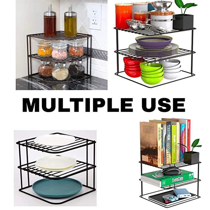 12FOR COLLECTION Black Metal Steel Kitchen Plate Dish Corner Rack 3Tier Storage Rack Holder for Kitchen Stand Shelves Kitchen Tray Pan Pot Utensils Chakla Belan Storage Organizer Pack of 2 - Image 2