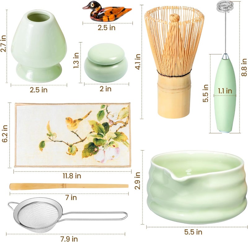 ELIMTEC Matcha Whisk Set and Bowl, Matcha Making Kit Whisk, Bowl With Spout, Sifter, Ceramic Whisk Holder, Spoon Japanese Tea Powder Starter Tools For Ceremony Gift (Green, 9 Pack) - Image 2