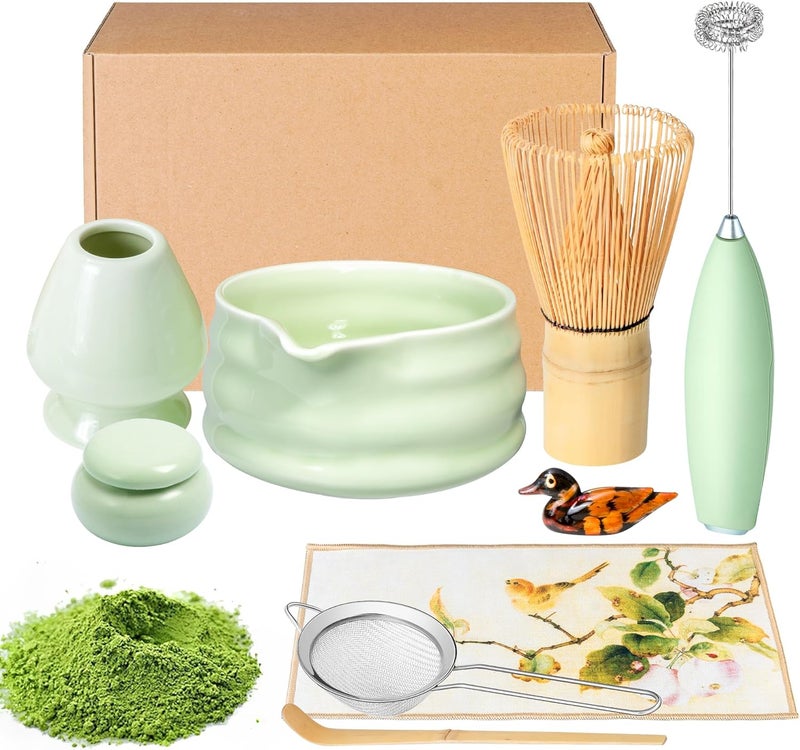 ELIMTEC Matcha Whisk Set and Bowl, Matcha Making Kit Whisk, Bowl With Spout, Sifter, Ceramic Whisk Holder, Spoon Japanese Tea Powder Starter Tools For Ceremony Gift (Green, 9 Pack) - Image 1
