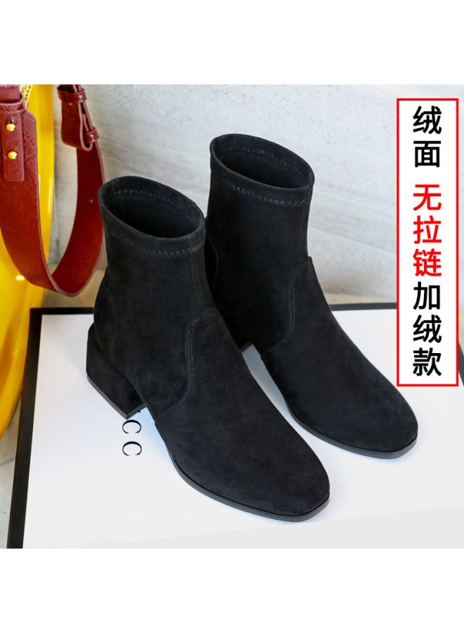 Suede Boots Women's Short Boots   And Winter Thick Heel Medium Heel Slim Boots Black Side Zipper Fleece-lined Women's Boots